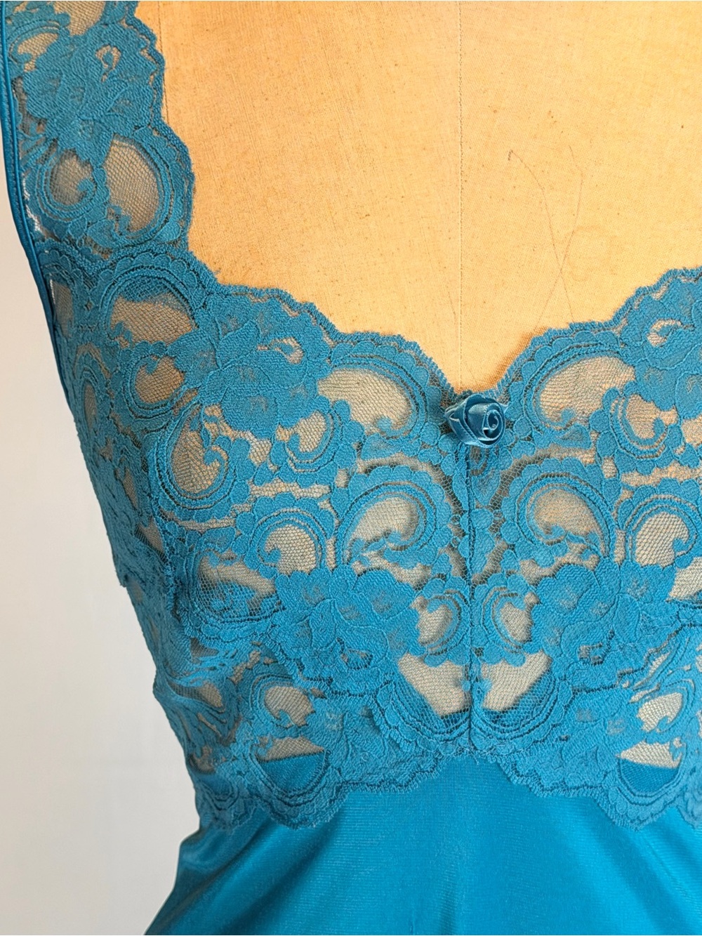 VINTAGE 80s lace floral bodice slip dress nightgown long maxi evening teal blue‎ - Picture 4 of 9